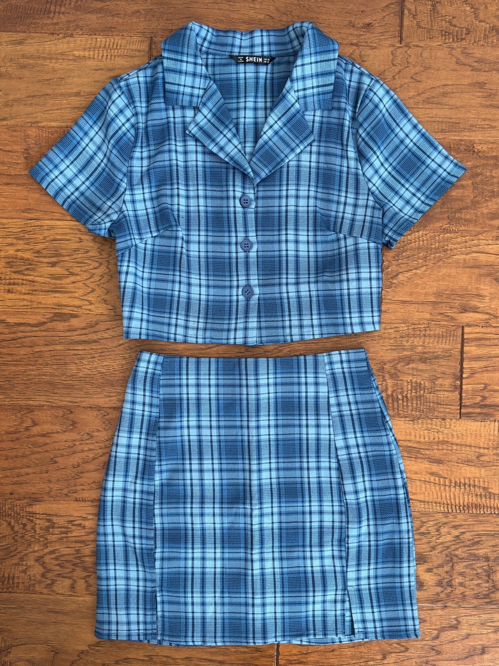 Clueless Inspired Blue Plaid Button-up Short-sleeve Blouse and Skirt Co-ord set